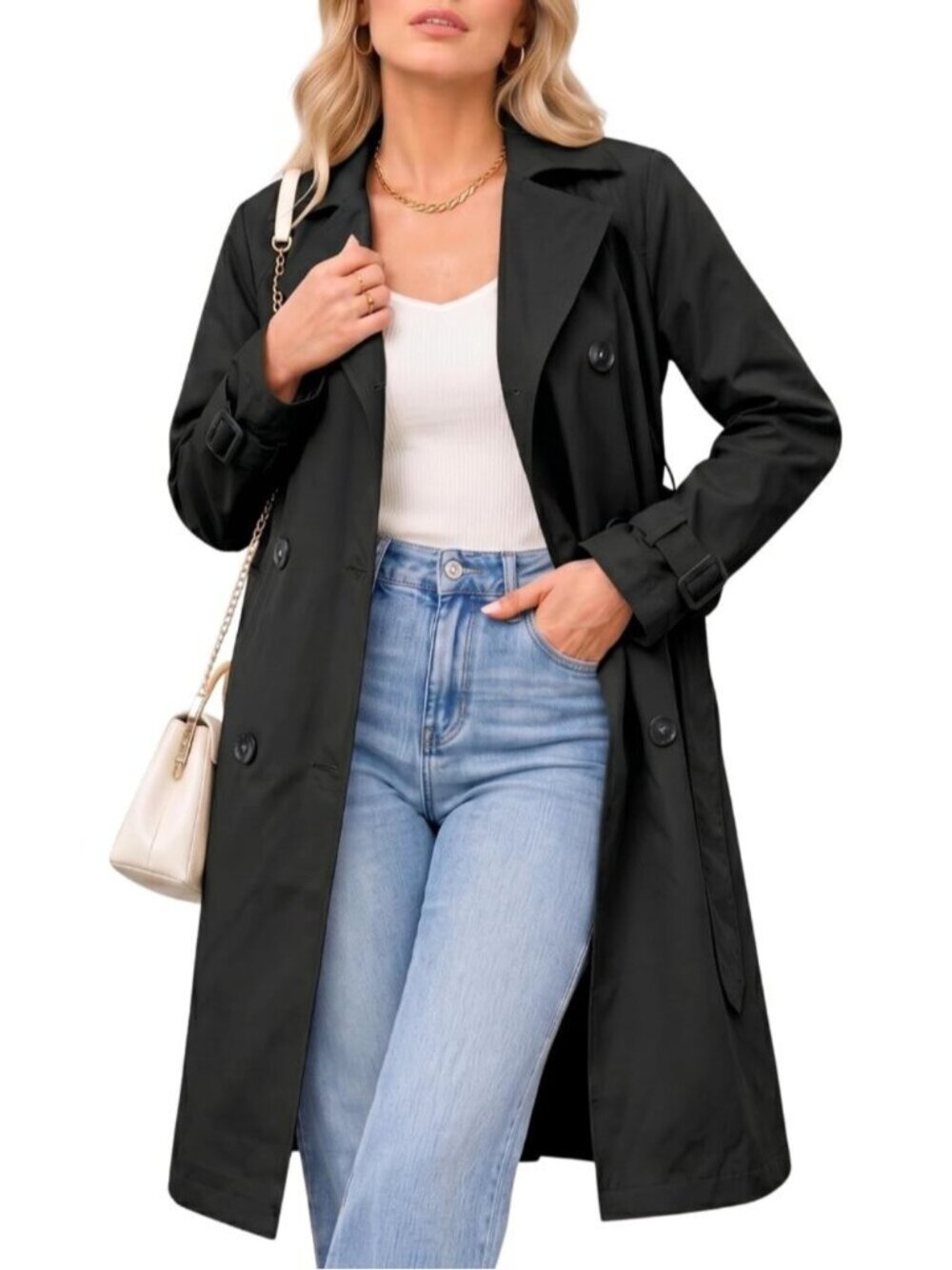 Women's Black 100% Polyester Long Oversized Notch Collar Lapel Trench Coats